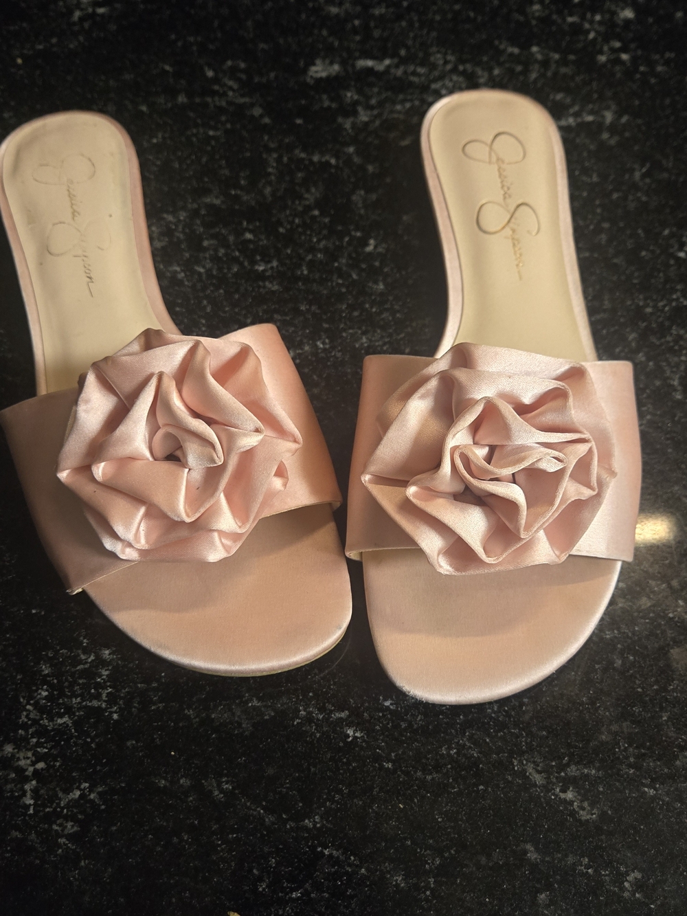 Jessica Simpson Pink Satin Slide Sandals with Floral Accent